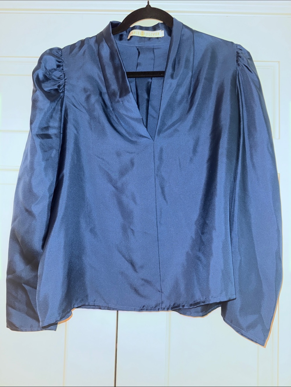Marie Oliver Blue V-Neck Long Sleeve Silk Top